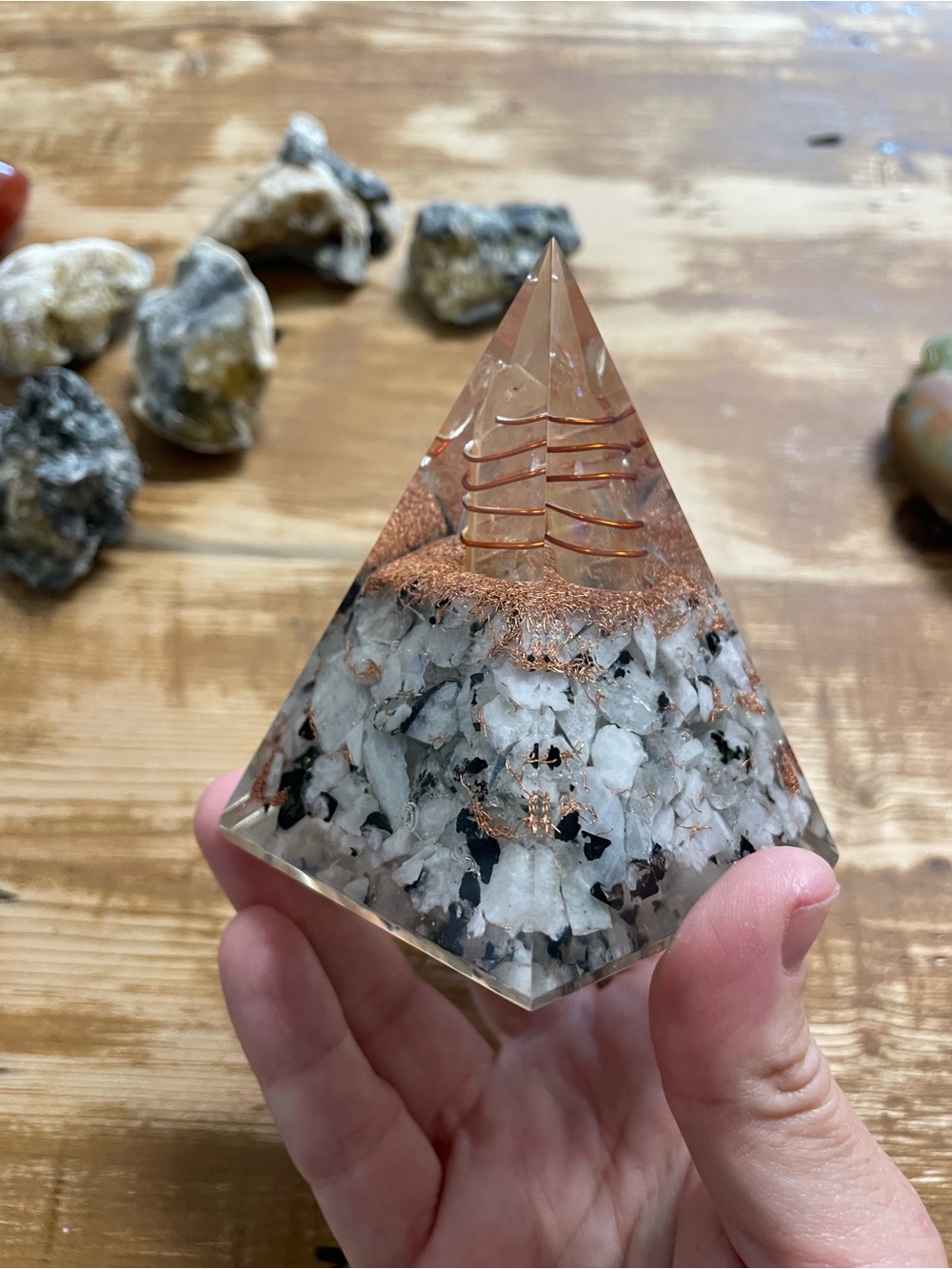 Orgone moonstone quartz and copper pyramid